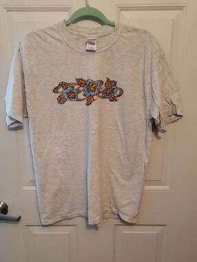 Gildan Light Gray Short-Sleeve Tee with Blue & Orange Floral Graphic